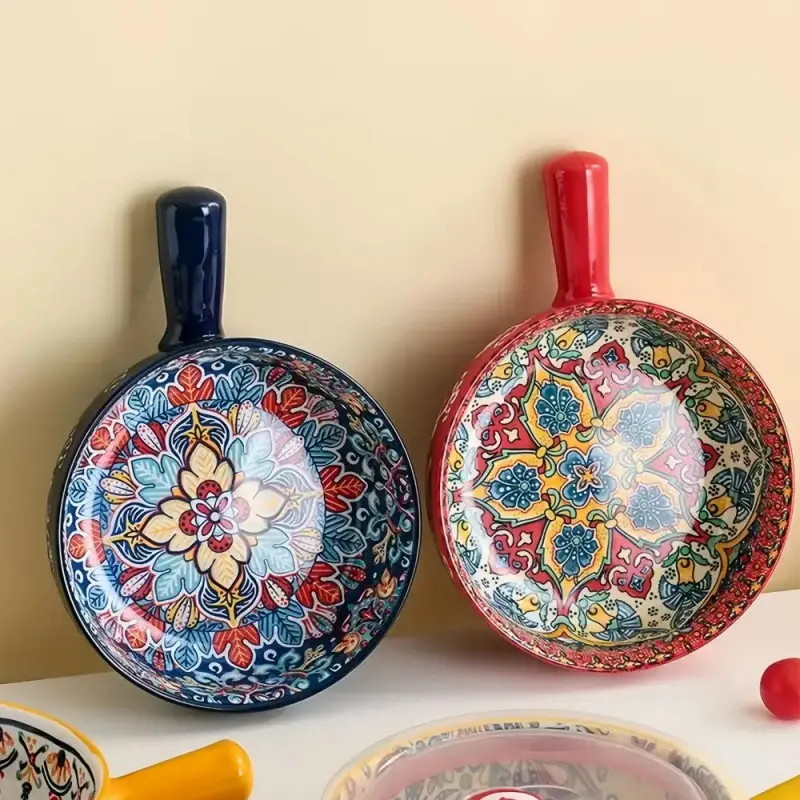 Boho-Style Ceramic Salad Serving Bowls with Handles, 2-Piece Set, Colorful Floral Pattern, Microwave and Oven Safe for Home Baking & Serving