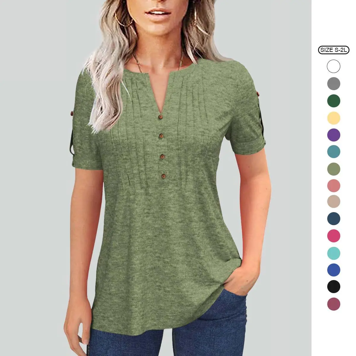 Imily Bela Women's Fitted Casual Tunic Top - Solid Short Sleeve T-Shirt with Pleated Zipper V-Neck, Button Accent for Summer, Shortsleeve