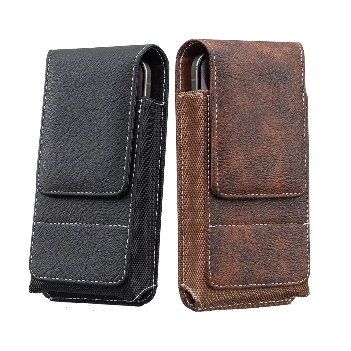Middle-Aged & Senior Vertical Waist Phone Bag, Universal Multi-Size Belt Pouch, Brown Black Casual Wear for Outdoor Activities