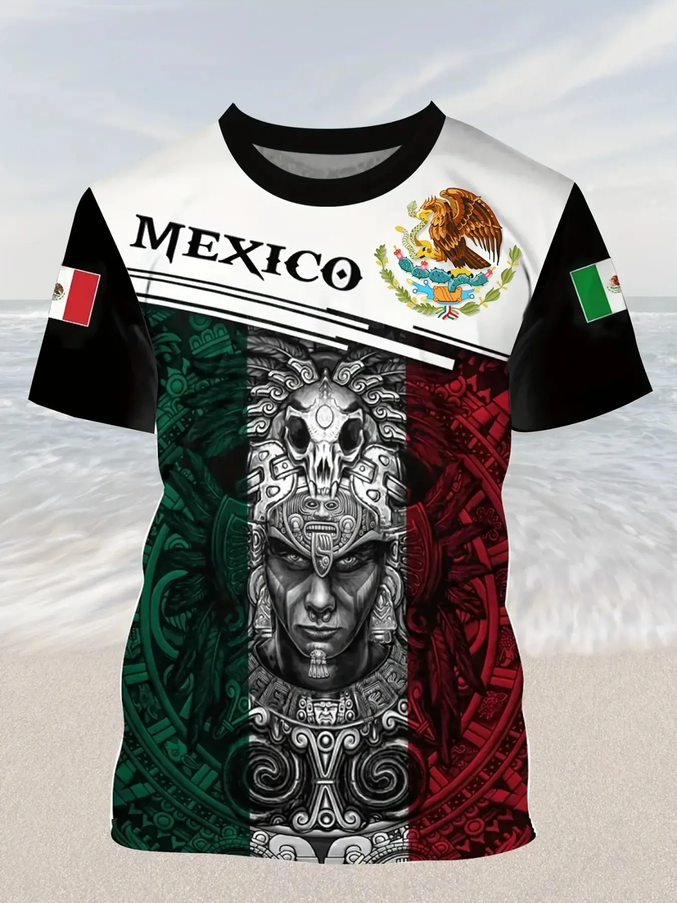 Men's Aztec Warrior Skull Tribal  All Over Print Short Sleeve T Shirt Crew Neck Mexico Theme Summer Casual Tops