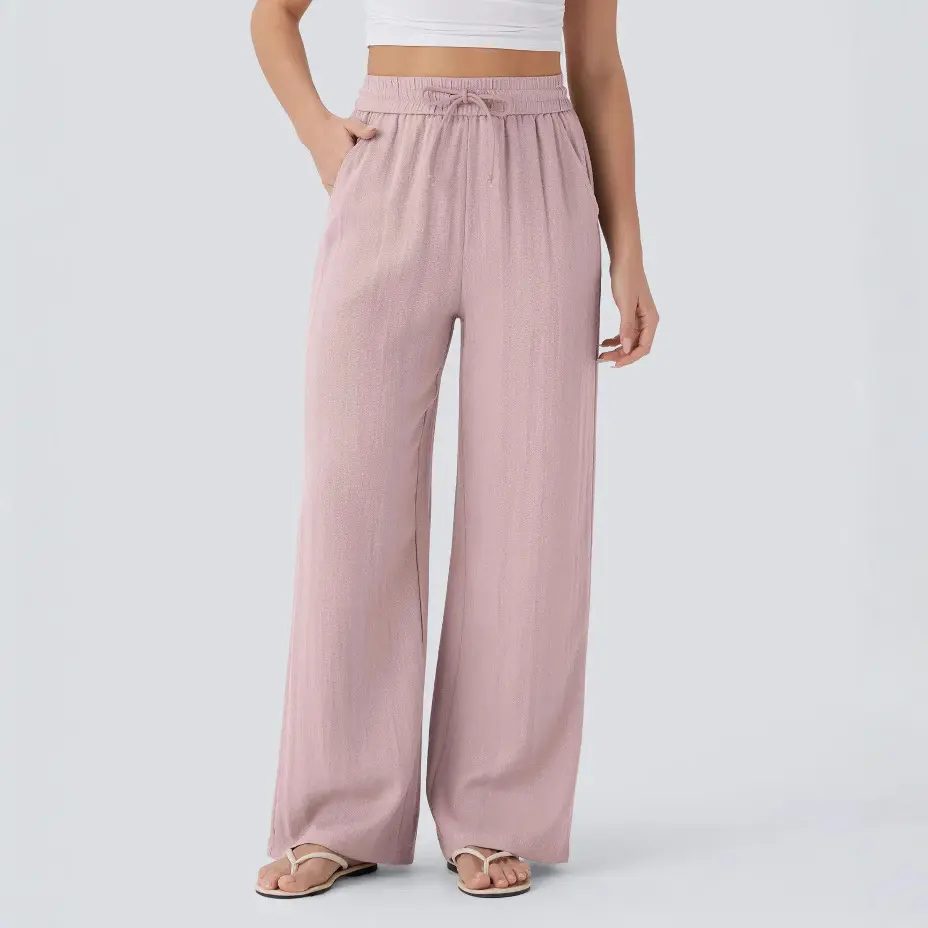 High Waist Drawstring Side Bag Wide Leg Casual Linen Pants Wide Leg Pants Elegant Wide Leg Beach Pants Elastic Flare Back V Workout