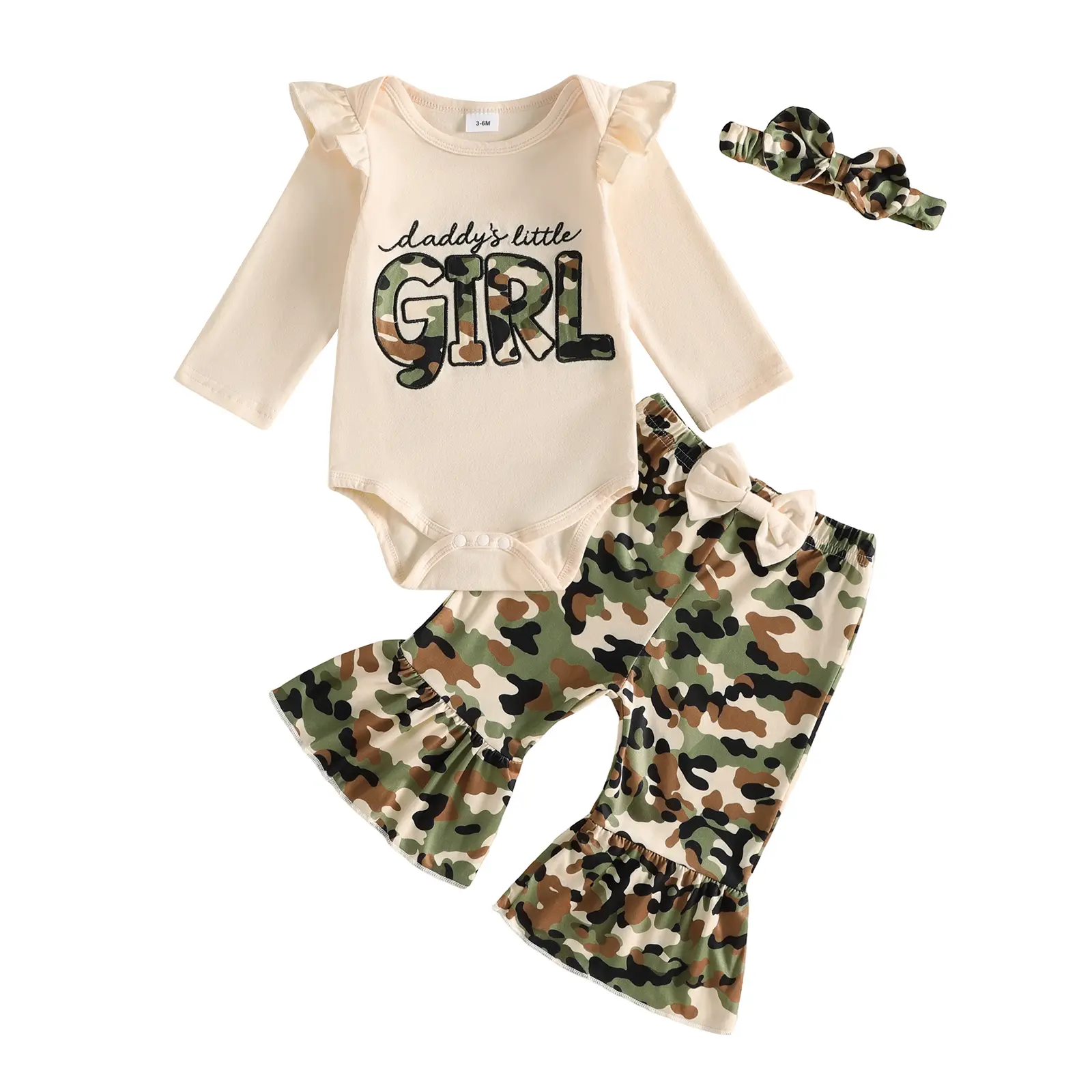 Infant Baby Girl Outfit Long Sleeve Romper with Camo Bell Bottom and Headband Set Fall Winter 0-18 Months