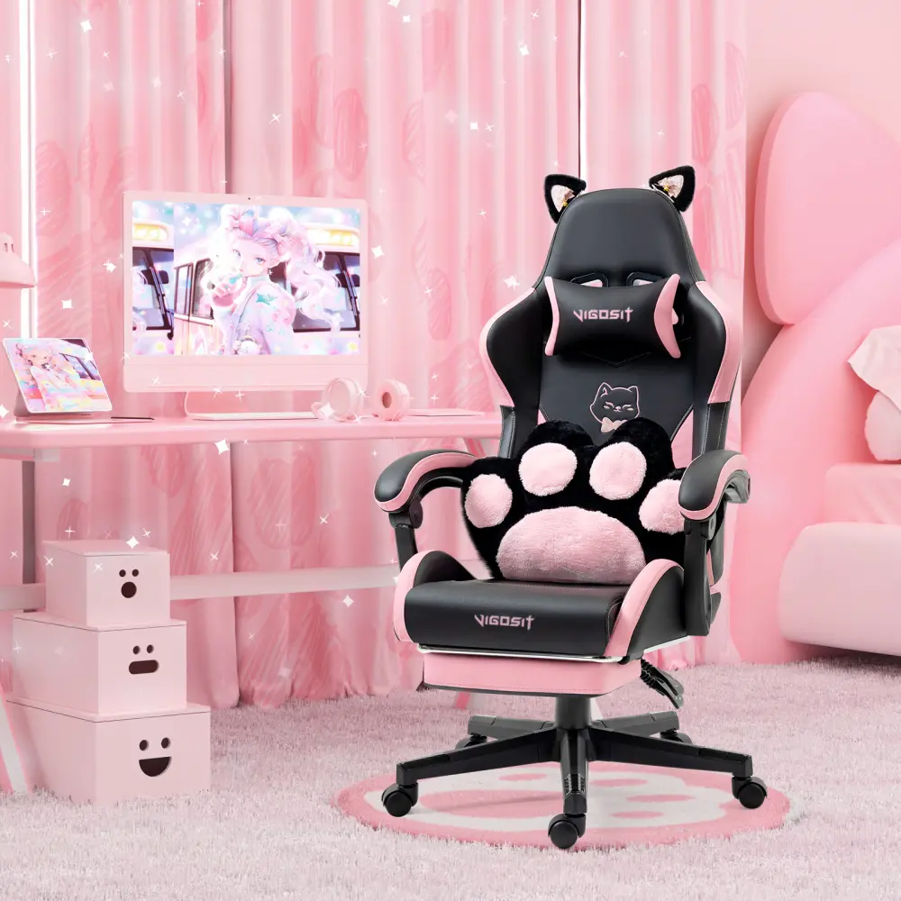 Women's Cute Cat PU Leather Ergonomic Computer Gaming Recliner Chair with Paw Lumbar Cushion, Headrest, Decorative Adjustable Arms, Easy Assembly - Black PC Gamer Chair for Teens