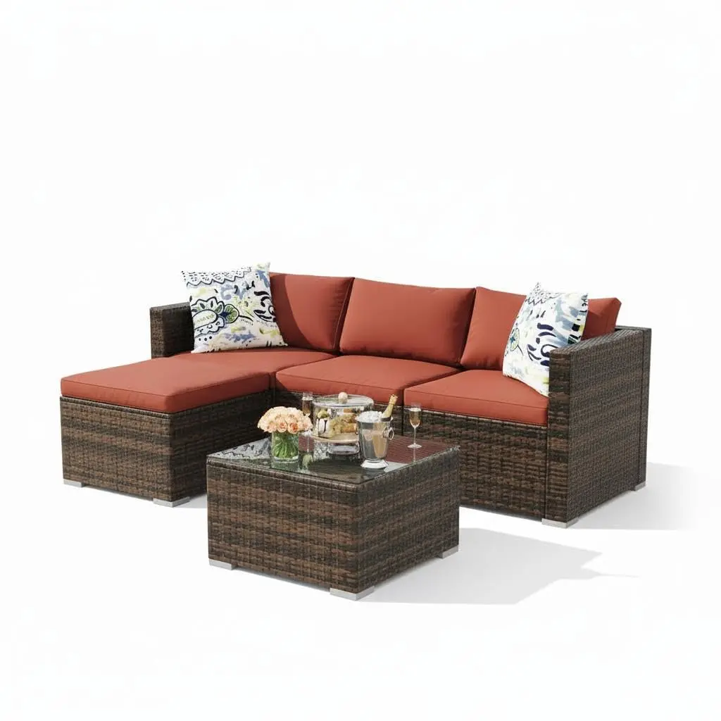 GARVEE 5-Piece Compact Outdoor Patio Sectional Sofa Set, Gray PE Wicker Furniture with Rust Red Cushions, Ottoman and Glass Coffee Table, Includes Ottoman