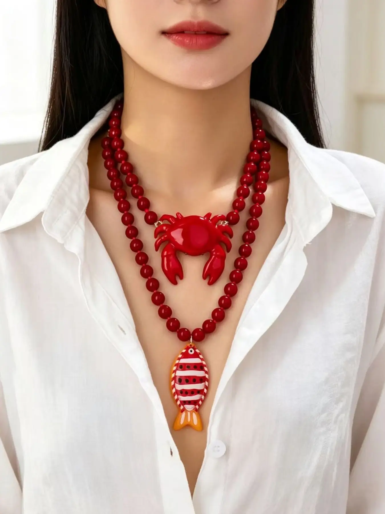 2 Pcs Clownfish Crab Pendant Necklace, Abs Plastic Alloy Jewelry, Bold Ocean Style, Beach Vacation Women's Accessories, Unique Gift Choice