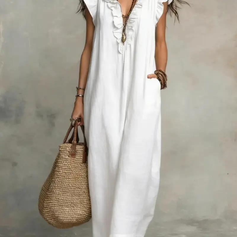 New 2026 Spring Summer Loose Sleeveless Ruffled Chic Bohemian Dress for Women, Long Maxi Dress, Casual Wear, Perfect for Warm Weather, Casual Flowy