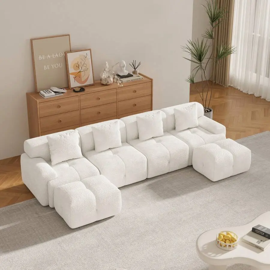Rhomtree 135.4" 6-Piece U-Shaped Boneless Sectional Couch Sleeper, Oversized 4-Seater Convertible Block Cloud Tufted Corner Sofa Bed Chaise With 2 Ottomans & 4 Pillows For Living Room, Lounge