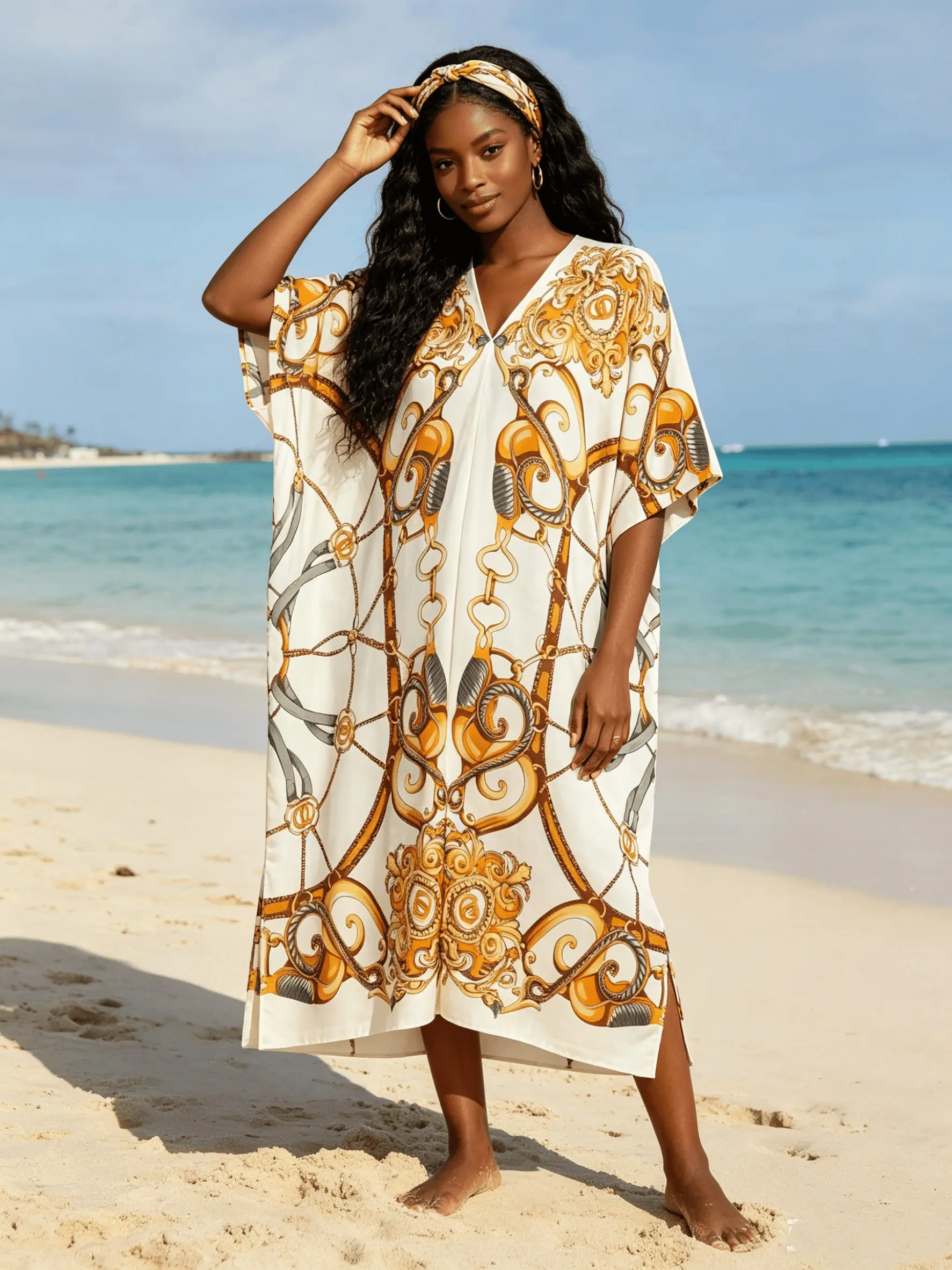 Elegant Cream Base Gold & Grey Baroque Print Silky Satin Kaftan 2 Piece Outfit with Coordinating Scarf, Oversized Plus Size Loungewear, Versatile Beach Swim Cover Up, Tropical Resort Formal Long Dress