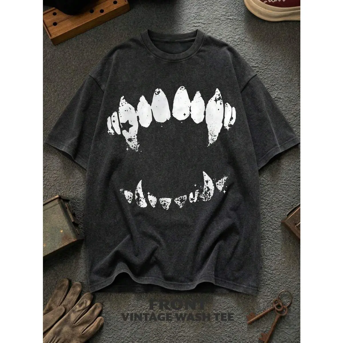Funny Graphic Tee Short Sleeve T-Shirt Vintage Wash Tee Black Teeth Graphic Print Casual Daily Wear Y2K Street Wear Unique Short-Sleeve