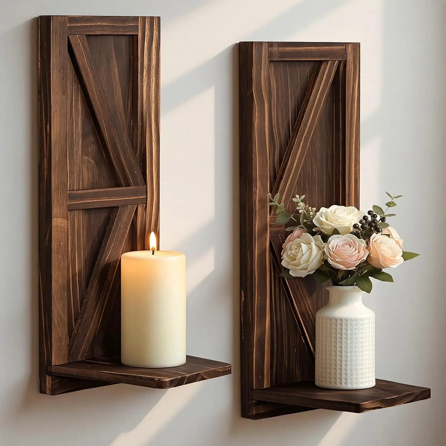 Candle Sconces Set of 2: Farmhouse Brown Wooden Wall Candle Holders Handmade Wood Art Decor for Living Room Dining Room Bathroom Bedroom Entryway 15.7"x5"