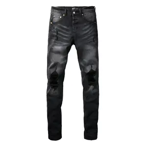 Men's Black Wash Heavily Ripped Denim Jeans, Cotton Blend Slim Skinny Fit Knee Frayed Destroyed Jeans, Edgy Streetwear Casual Daily Denim Trousers