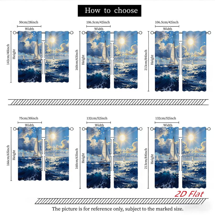 2Pcs Nautical Ocean Seascape Sailboat Sun Blocking Curtains Digital Printed Rod Pocket, Window Treatment For Bedroom Office Kitchen Living Room Study Home Decor