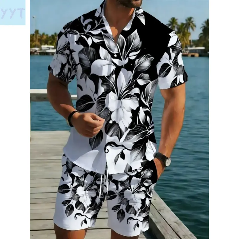 YYT1 Men's Floral Aesthetic Matching Shirt and Shorts Set, Flower Print Casual Beachwear, Men's Vacation Two-Piece
