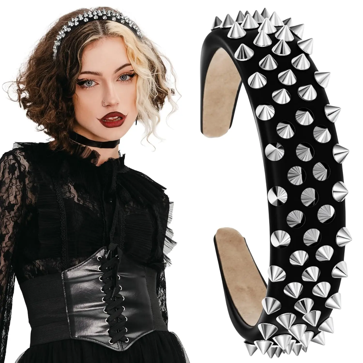 Punk Studded Headband Spiked Headband for Women Rivet Gothic Headwear Black Rock Hair Hoop Rock Roll Headpiece (Rivet)