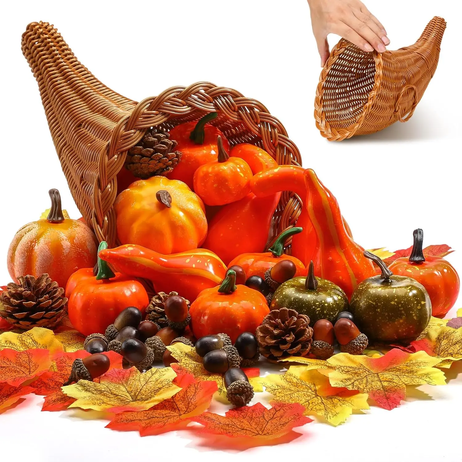 Thanksgiving Cornucopia Basket Set Fall Table Centerpieces 13.78'' Thanksgiving Large Cornucopia Horn of Plenty Harvest Decorations with 100 Pcs Artificial Leave Acorn Pumpkin for Table Home(Classic)