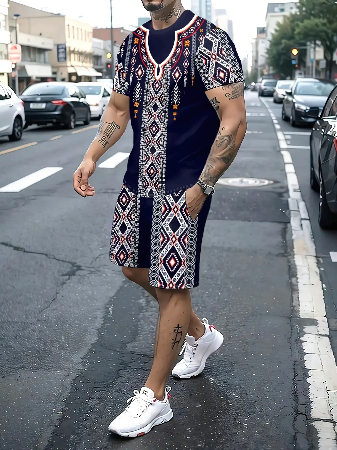 Men's round-neck fashion summer sportswear two-piece set, with exotic patchwork patterns and lightweight fabric suitable for streetwear