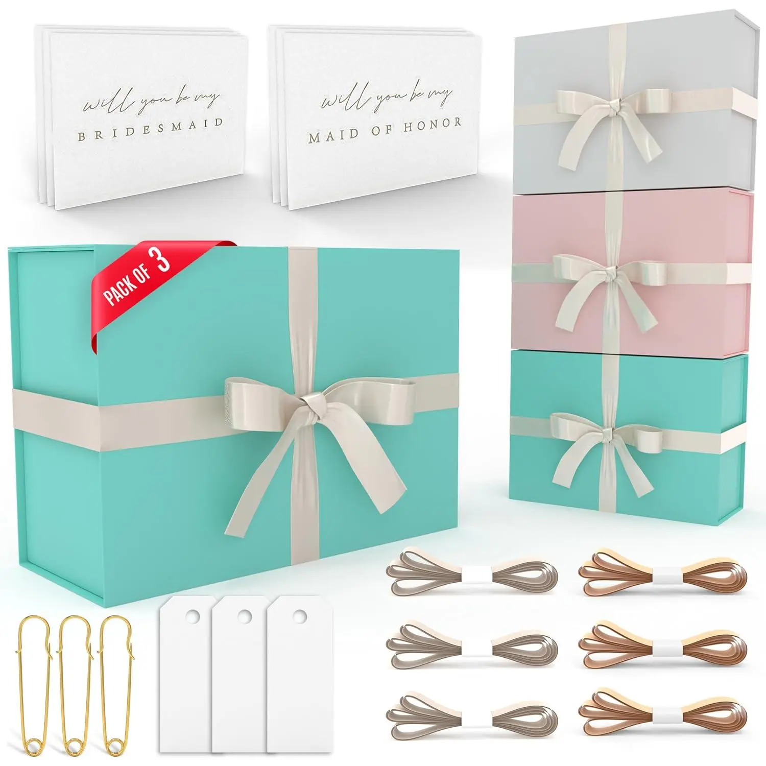 Box Set - Bridesmaids Gifts for Wedding (3 Pack-Teal),  Occasions, Bridesmaid Proposal,  Boxes With , Big Set For Bridal, 13.5 x 9 x 4.5 inches, Teal GiftBox