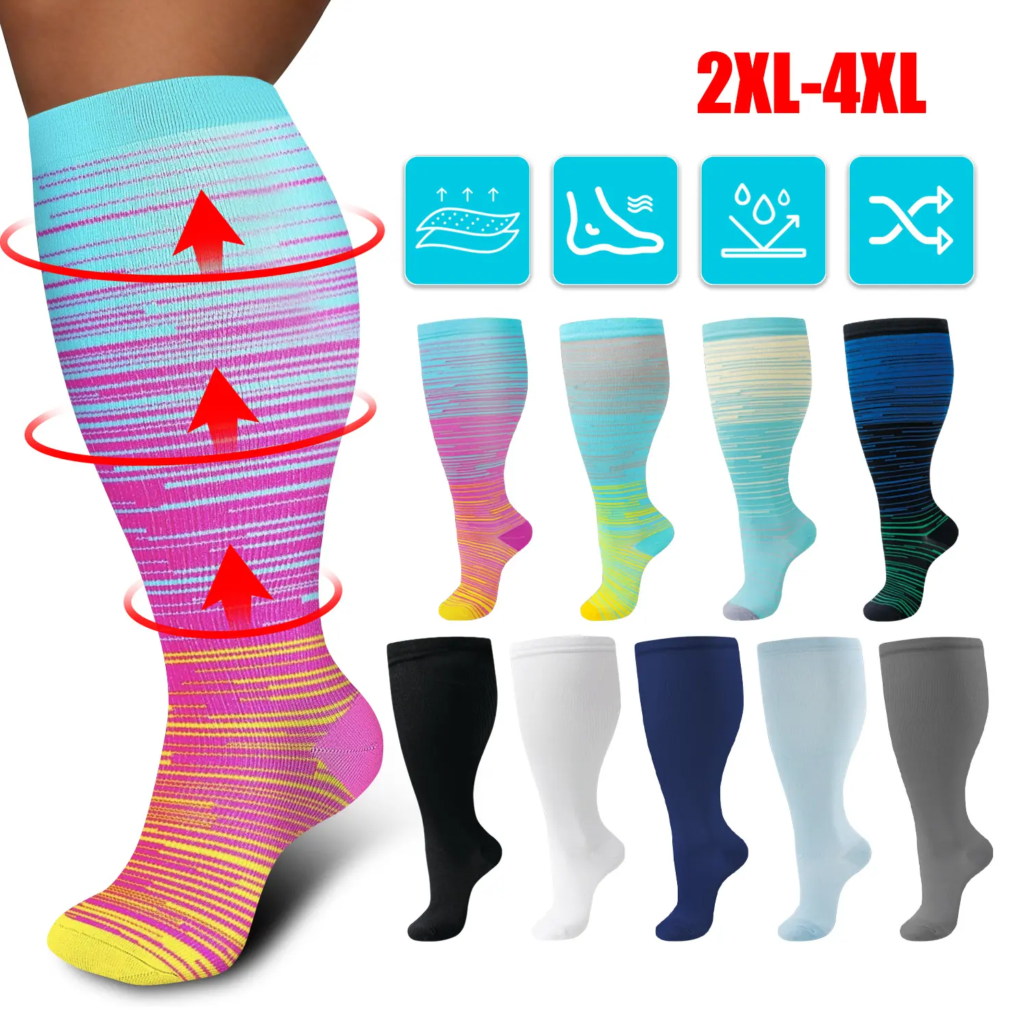 Plus Size Wide Calf Compression Socks for Women & Men, Knee-High Graduated Support for Circulation & Muscle Recovery, 1 Pair (2XL-4XL), Compression Socks Women