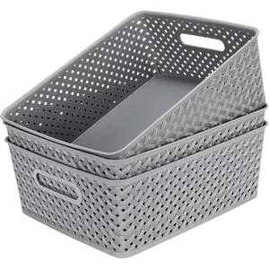 Organization and Storage 3 Packs, Plastic Bins Organizer Bins, Woven Baskets for Storage, Plastic Baskets with Handles, Grey Basket for Organizing, Basket Organizer for Home and Office, Large