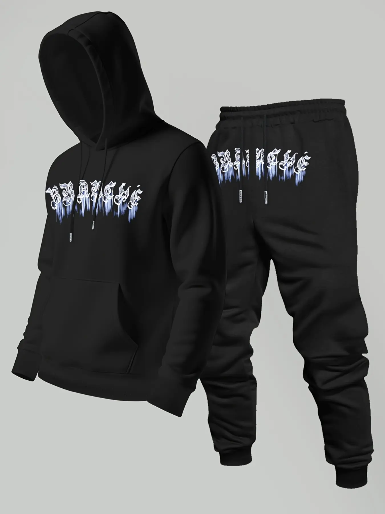 Dark Grunge subculture matching tracksuit with hoodie and cuffed sweatpants, two-piece streetwear set featuring breathable, colorfast dripping gothic font print, unisex loose hip-hop matching outfit, ideal for teenage boys and girls, Casual Tracksuits