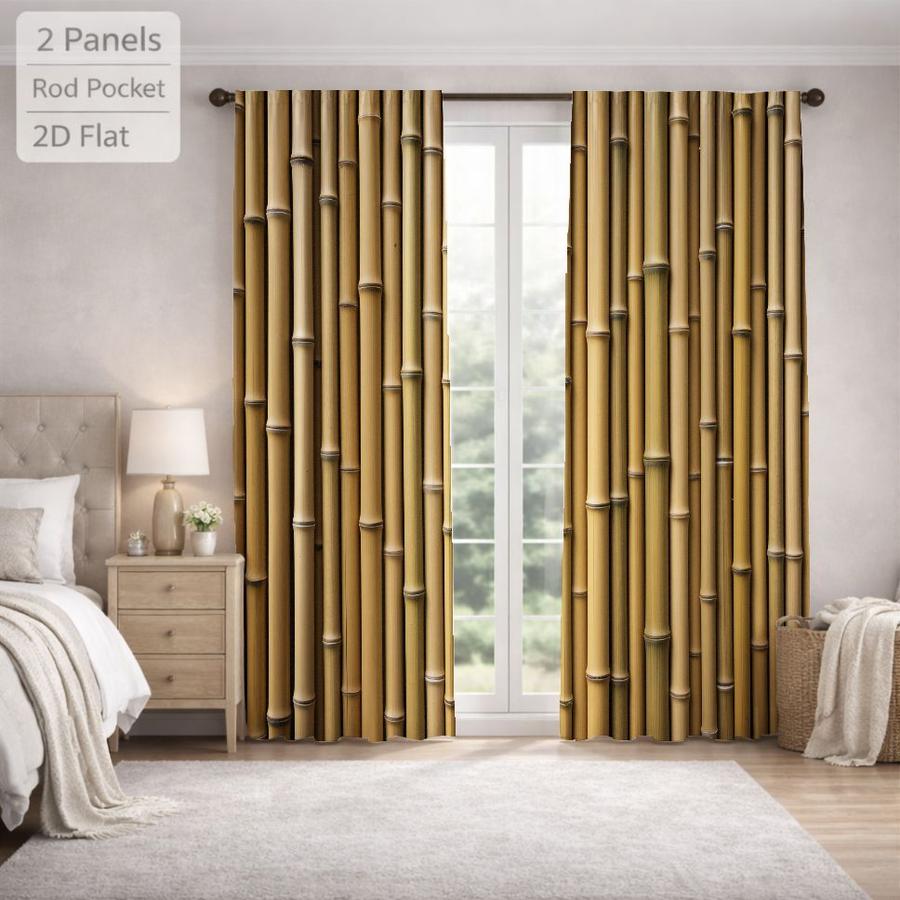 2Pcs Natural Style Bamboo Pattern Sun Blocking Curtains Digital Printed Rod Pocket, Window Treatment For Bedroom Office Kitchen Living Room Study Home Decor
