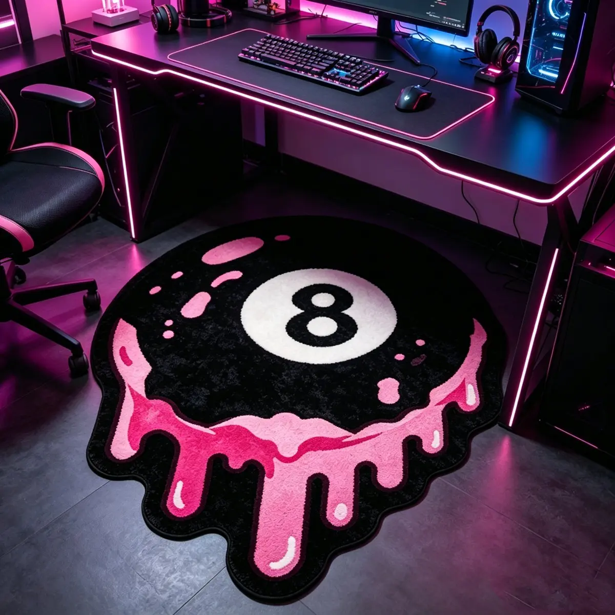 1 Piece Dripping Pink 8 Ball Round Irregular Carpet Rug, Black Billiard Ball With Melting Paint Design, Ultra-Soft Non-slip Machine Washable Floor Carpet Rug, Ideal For Bedroom & Punk Street Style Home Decor