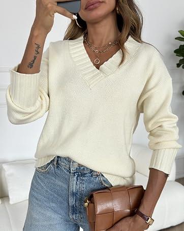 Danedvi Womens Loose Sweaters Sexy V Neck Long Sleeve Solid Knitted Jumper Pullover Sweatshirt Tops