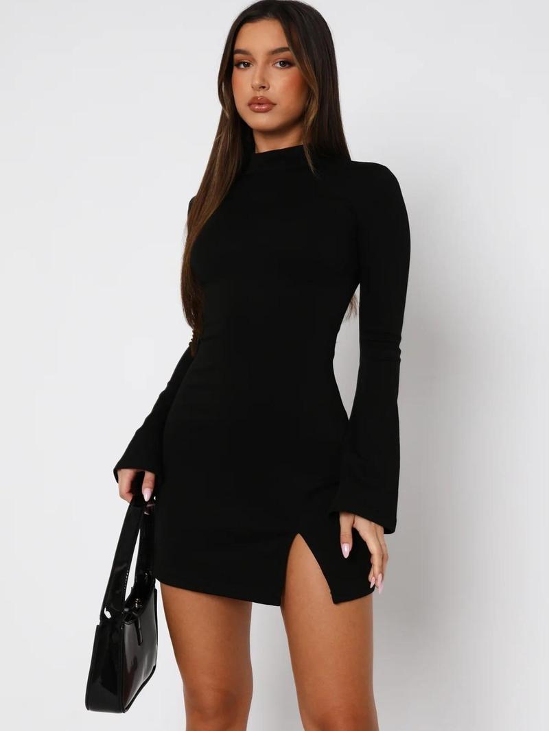 Women's Plain Long Sleeve Dress, Elegant Fashion Casual Mock Neck Split Short Dress for Daily Outdoor Wear, Women Dress for Spring & Fall