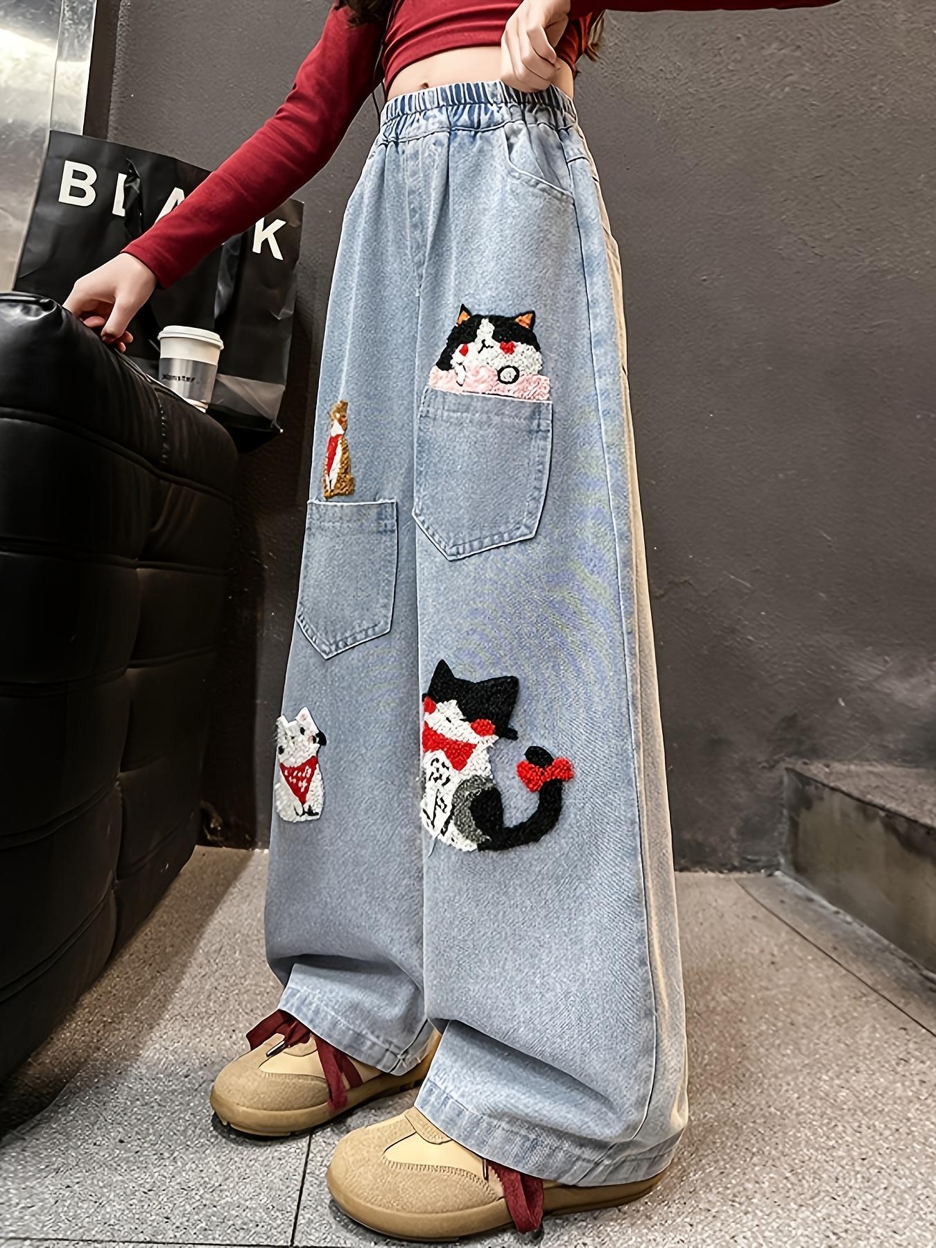 (New)Elastic Waist Straight-Leg Loose Fit - Girls' Cartoon Animal Embroidered Jeans - Casual Pants with Cute Cat & Dog Designs - Light Blue Denim for Spring Summer Fall - Outdoor Play, Dance, and School - Cute Jeans - Playful Design - Comfortable Fit
