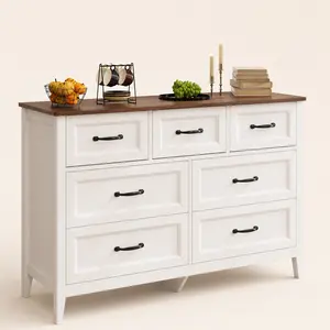 Gizoon Farmhouse 7 Drawers Dresser White Chest of Drawers with Metal Handles 47" Wide Wooden Storage Organizer for Kids Bedroom Hallway Living Room Girl Apartment Furniture Space-Saving