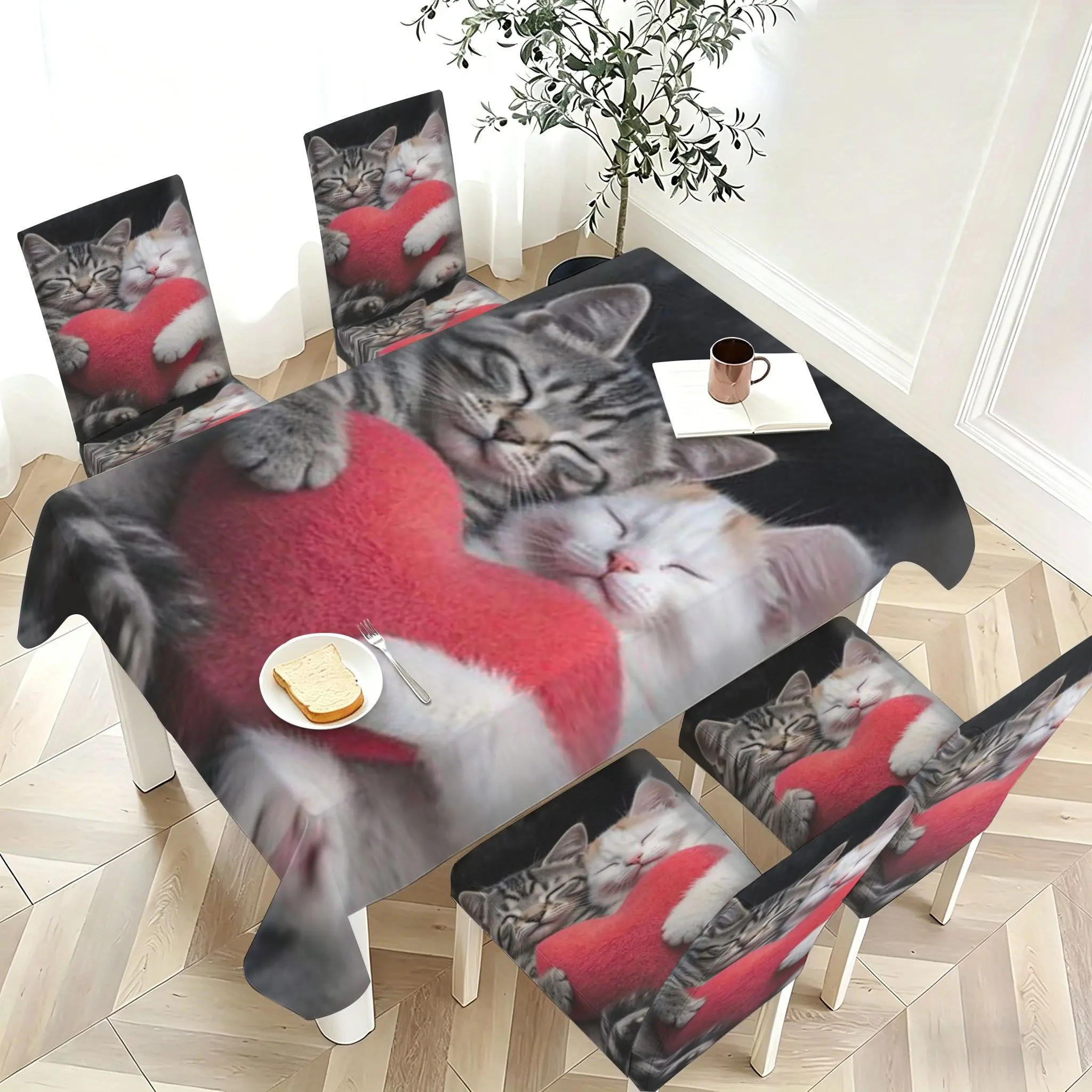 Elastic Chair Cover Tablecloth Set, Cute Cat Pattern, Soft Eco-Friendly Material, Home Decor, Restaurant, Hotel, Warm Atmosphere