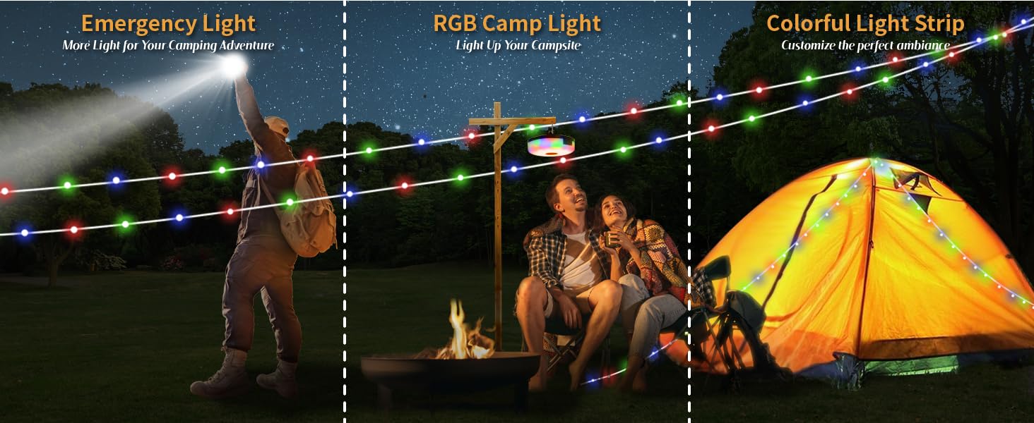 2 Pack Camping String Lights, 4 in 1 Quick Storage 32.9ft Rechargeable Tent Light String with 8 Lighting Modes, Hanging Waterproof Portable LED Lights for Outdoor, Patio, Awning, Party Essentials, Camping Accessories