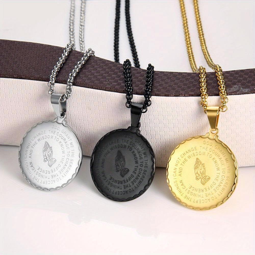 Retro Hip Hop Prayer Hand Pattern Round Pendant Stainless Steel Men's Necklace Jewelry