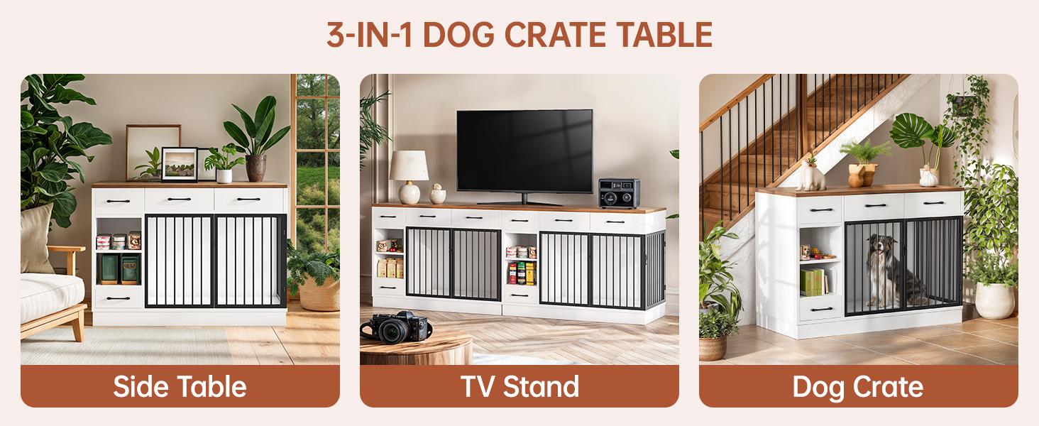 Valentine's Day gifts 71" Extra Large Dog Crate Furniture with Removable Divider & 4 Storage Drawers - Heavy-Duty Wooden Indoor Kennel TV Stand for 2 Dogs, Multi-Functional Pet Furniture for Large/Medium Dogs