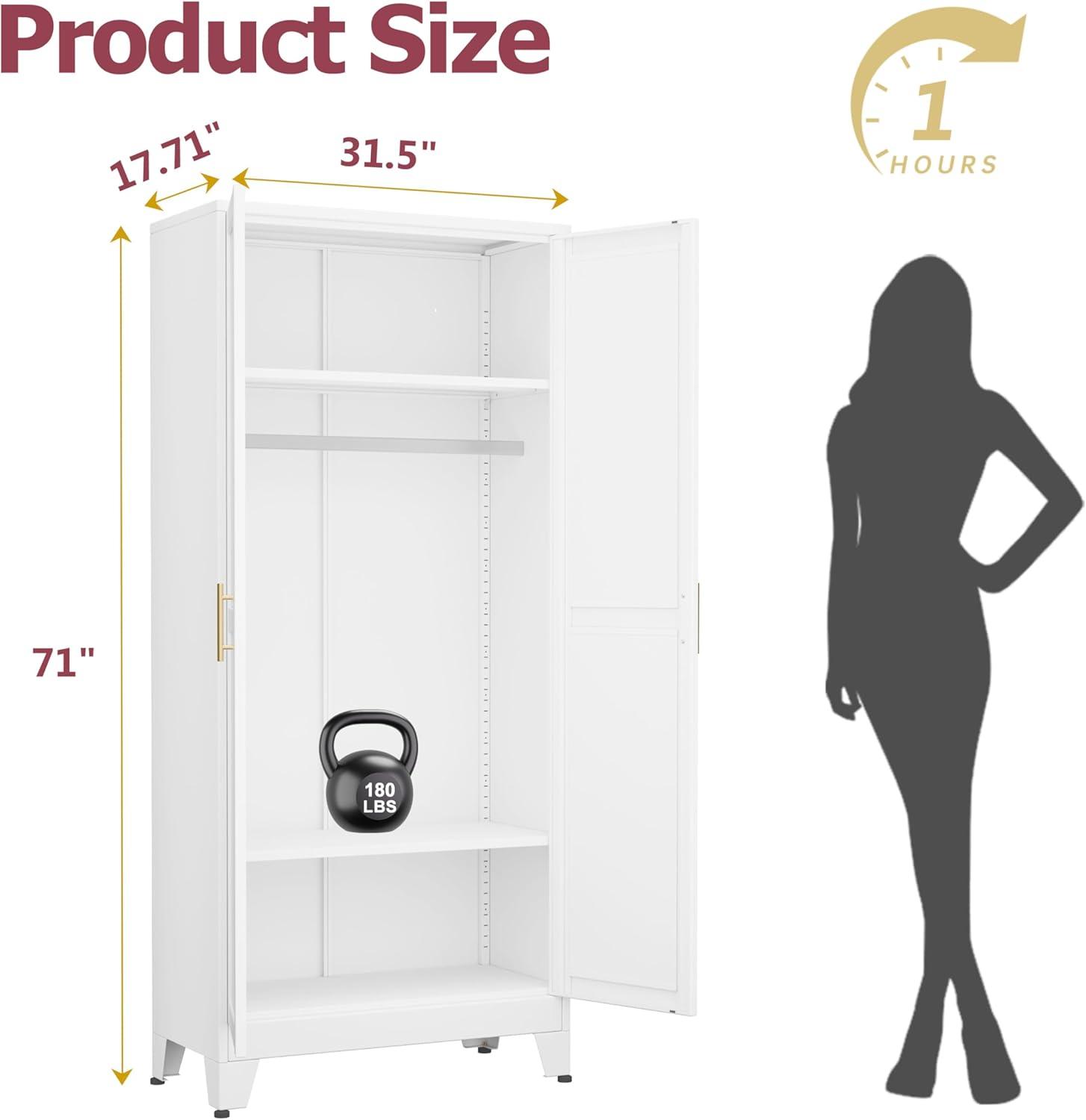 Metal Wardrobe Cabinet with Hanging Rod, 71" Metal Clothing Storage Cabinets with 2 Doors and Adjustable Shelves, White Armoire Wardrobe Closet for Bedroom, Laundry Room, Cloak Room mothersdaygift