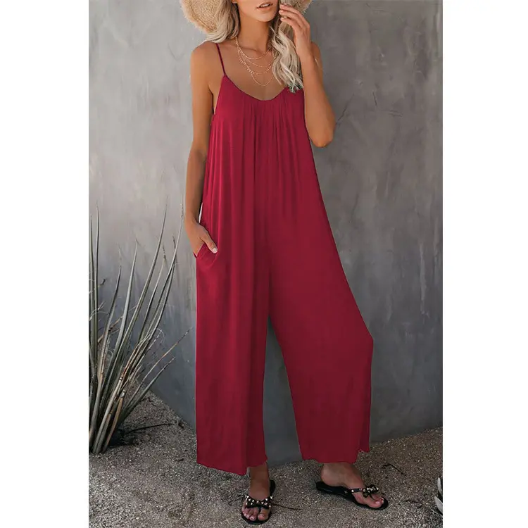 2026 Summer New Women's Long Pants Solid Color Pocket Loose Casual Strap Jumpsuit