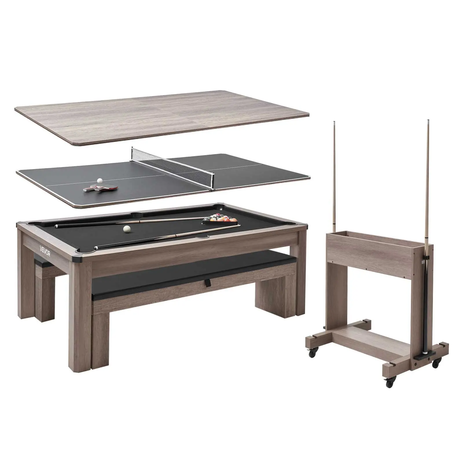 【toolupgrade】VEVOR 7ft Pool Table Combo Set, 3-in-1 Multi Game Billiards Tables with Dining Top and Ping Pong, 2 Benches for Storage and Accessories, Includes Ball Cue Rack Chalk Brush, for Family Recreation Room