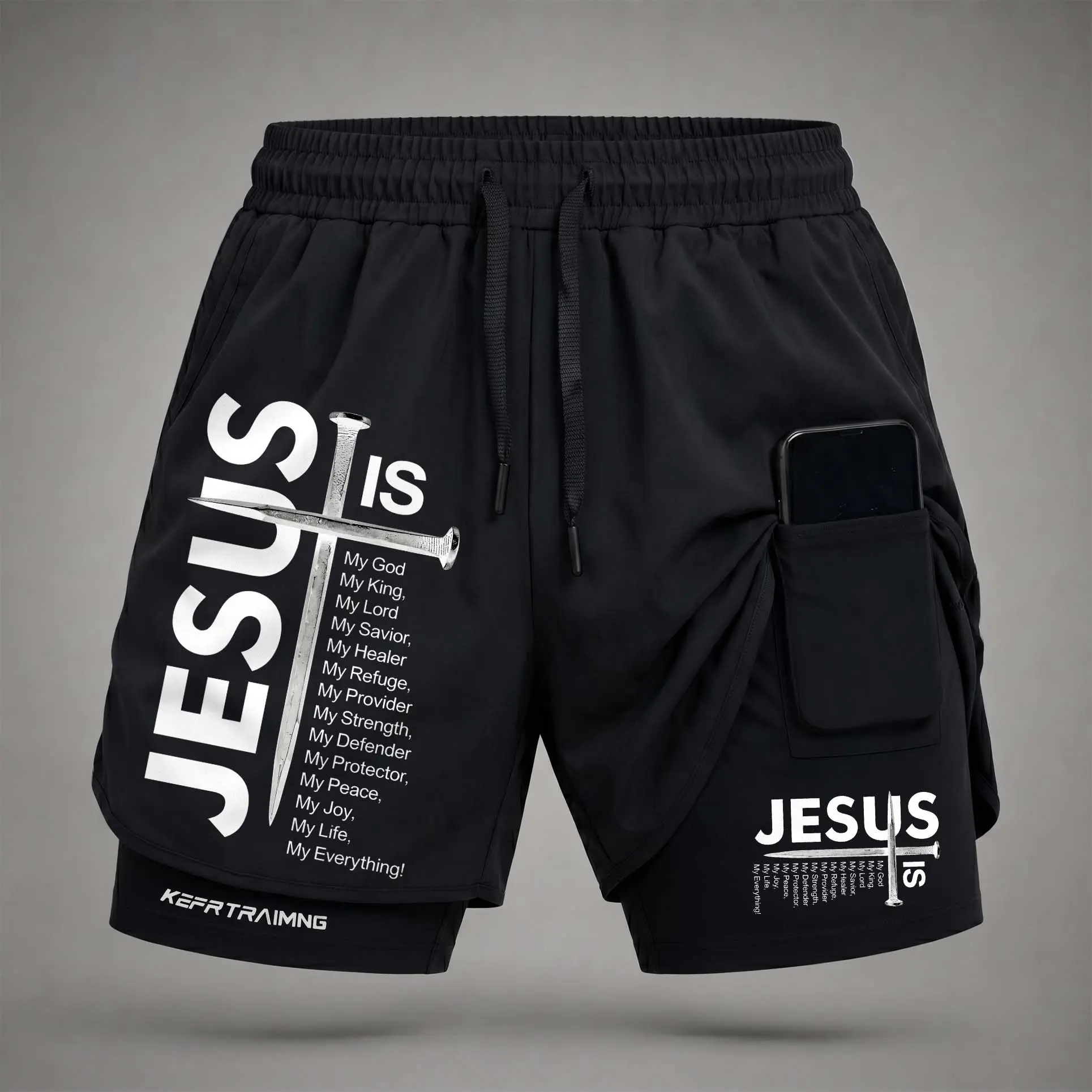 Men’s “Jesus is” Graphic Print 2-in-1 Athletic Shorts, Built-in Compression Liner, Secure Inner Phone Pocket, Elastic Drawstring Waist, Quick-Dry Gym Running Training Shorts for Summer Daily Wear