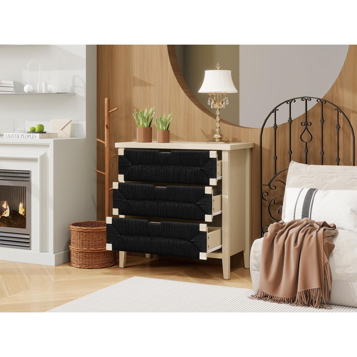 3 Drawer Buffet Sideboard with Adjustable Shelves, Storage Cabinet with Hand-woven rope decorated drawers for Living Room Kitchen Entryway