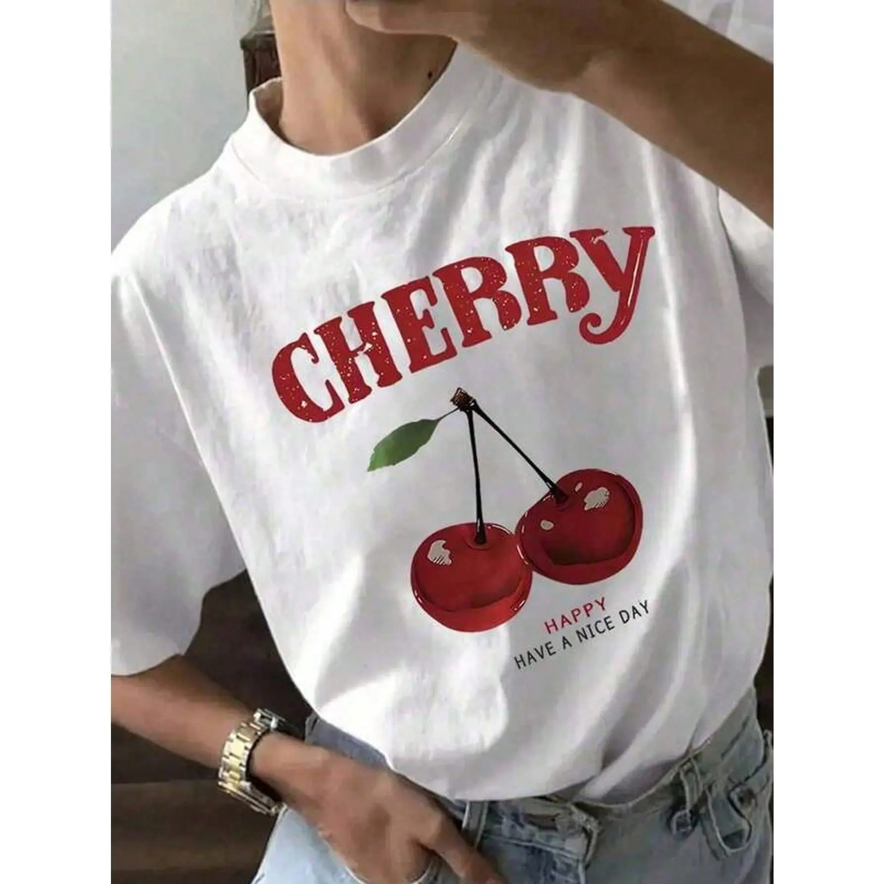 100% Cotton Unisex Round Neck Tee, Vintage Distressed CHERRY Fruit Graphic Loose Top Cute Red Cherry "Have A Nice Day" Print, Ideal Summer Daily Outfit, Sweet Casual Gift For Fruit Lovers, Soft Non-Washed Fabric