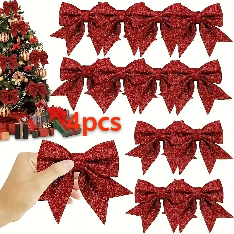 4pcs shiny red bow decorations, modern flashing bows, multi-functional holiday decorations, without electricity, suitable for stair railings, Christmas, Valentine's Day, New Year celebrations.