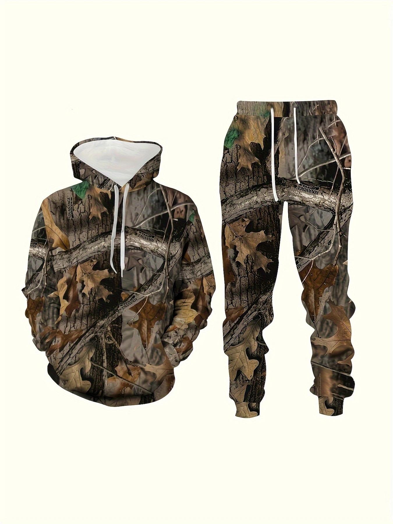 men's full body leaf print long sleeved hooded sweatshirt+pants set, casual pairing with thick and warm suit, suitable for winter and autumn