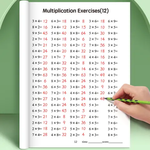 A workbook designed for children to practice math problems, focusing on the nine-nine multiplication in multiplication and division. This sturdy handwritten math book is designed to enhance computational skills and promote critical thinking