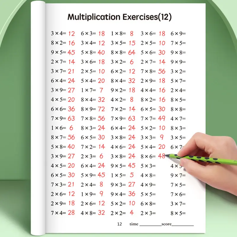 A workbook designed for children to practice math problems, focusing on the nine-nine multiplication in multiplication and division. This sturdy handwritten math book is designed to enhance computational skills and promote critical thinking