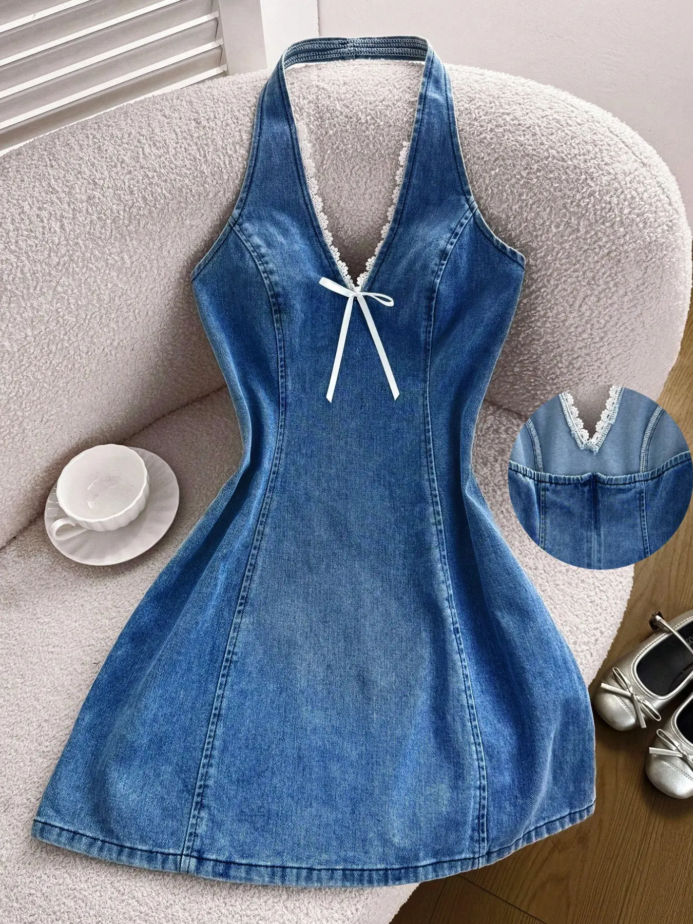 Casual Fashion Daily Women's Ribbon Bow Ruffle Neckline Denim Dress, Stylish and Comfortable, Perfect for Everyday Wear