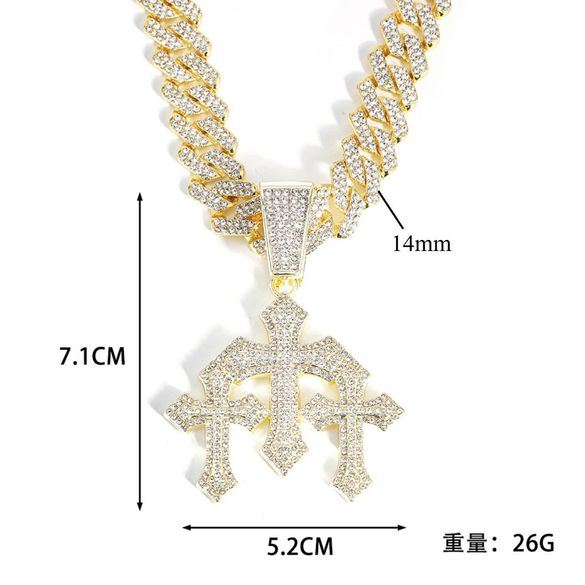 New Men's Iced Out Moissanite Stacked Crosses Pendant Necklace, Hip Hop Jewelry with Exaggeration 14mm Cuban Chain Rhinestone Gift, Luxury Trend