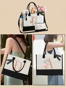 2 Piece Letter Canvas Tote Bags, Personalized Gift Bag, Ideal for Weddings, Birthdays, Beach, School, Large Capacity, Back-To-School Essential