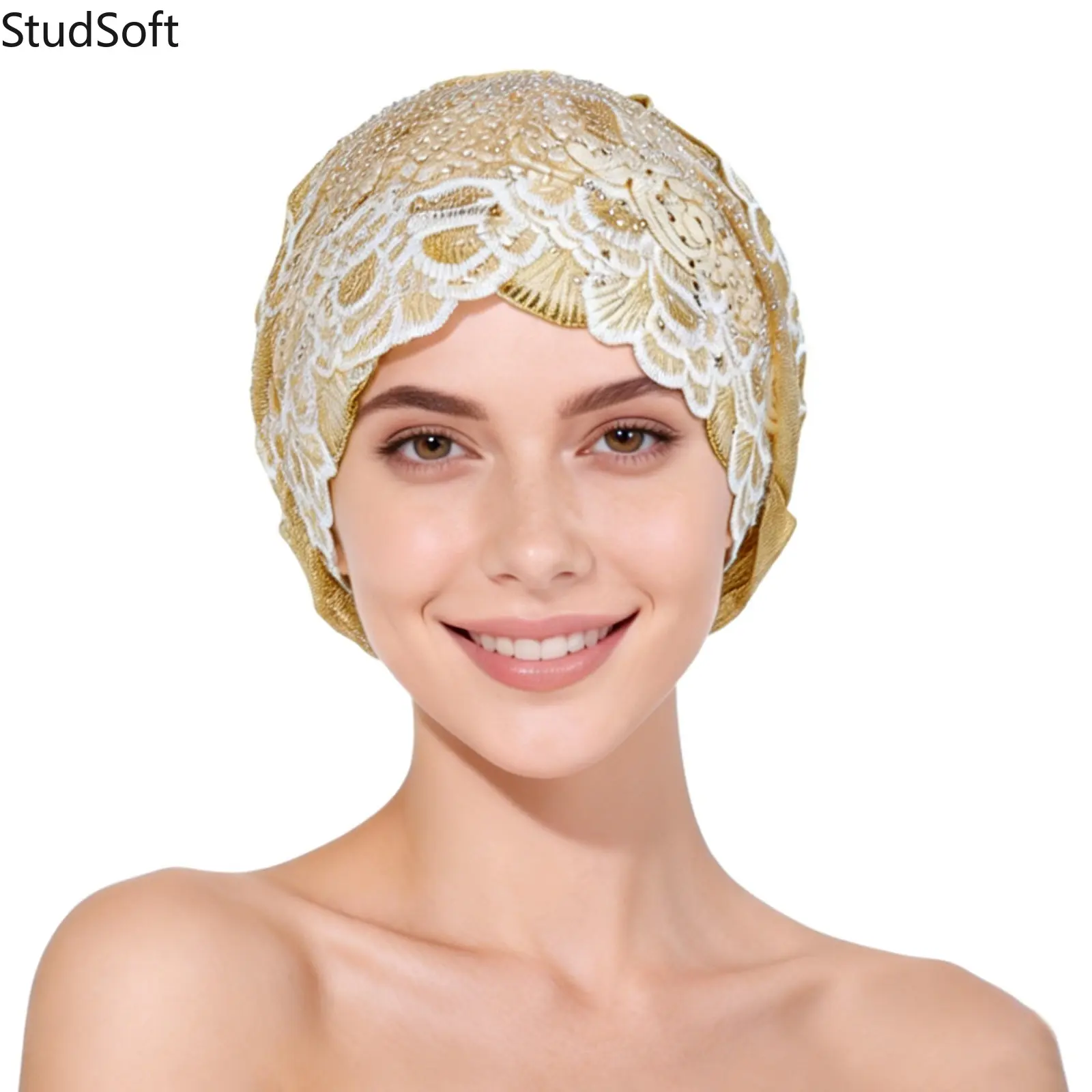 Women Turban Hat Fashion Lace Embroidery Rhinestone Beanie Sparkly Muslim Headscarf Elegant Chemo Cap Loss Hair Covers Banquet Headwrap
