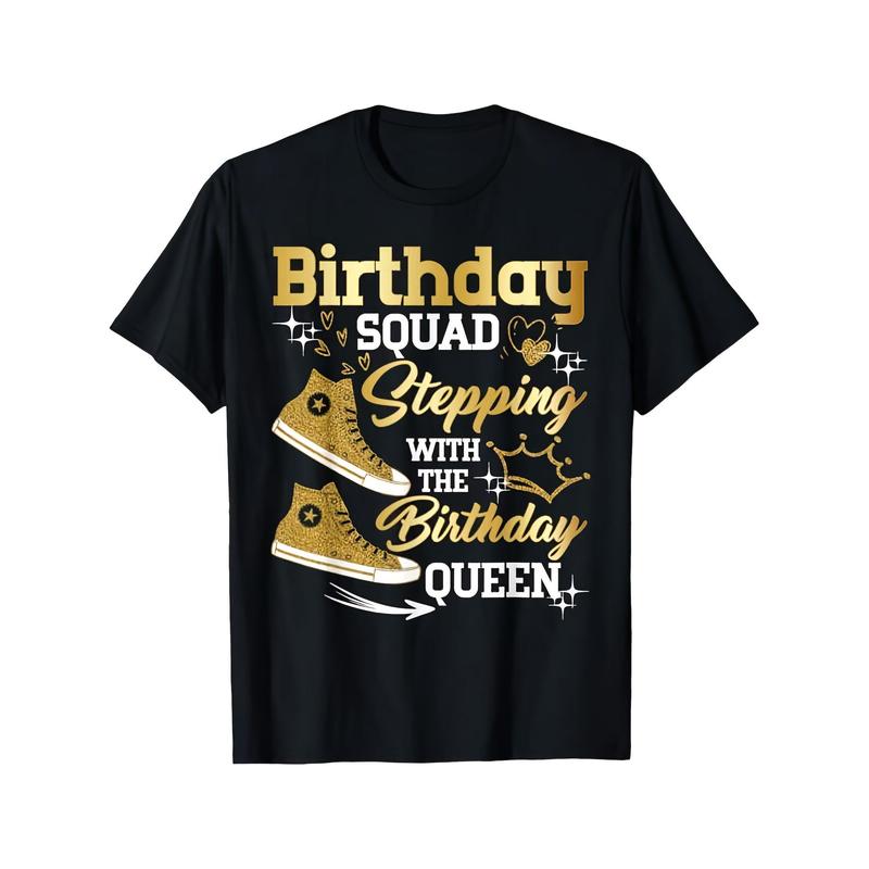Birthday Squad Graphic T-Shirt - Black with Golden Birthday Text - Unisex Adult Tee for Birthday Parties, Casual Outfits - Soft Everyday Streetwear Shirt - Birthday Gift Idea for Women & Men, Party Apparel, Playful Design, Comfortable Fit