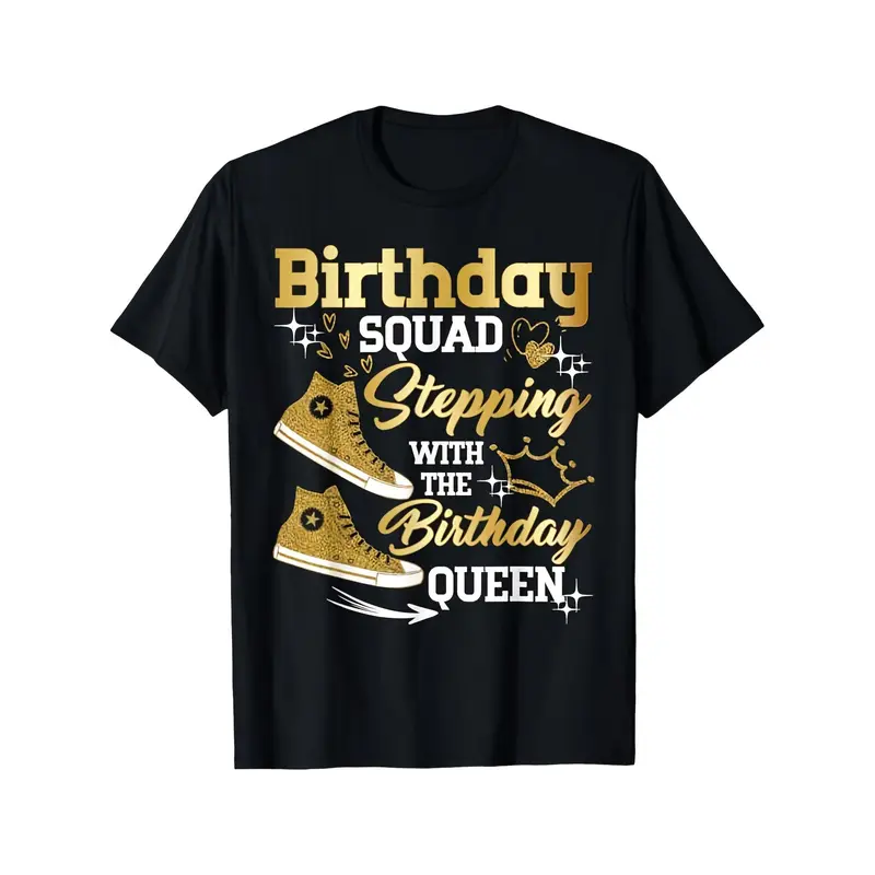 Birthday Squad Graphic T-Shirt - Black with Golden Birthday Text - Unisex Adult Tee for Birthday Parties, Casual Outfits - Soft Everyday Streetwear Shirt - Birthday Gift Idea for Women & Men, Party Apparel, Playful Design, Comfortable Fit